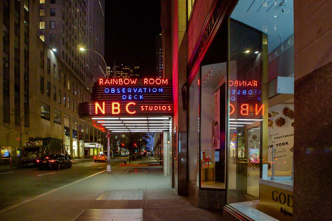 NBC entrance in midtown, empty sidewalks